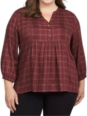 Wrangler Burgundy Plaid V-Neck Babydoll Top | Size XXL